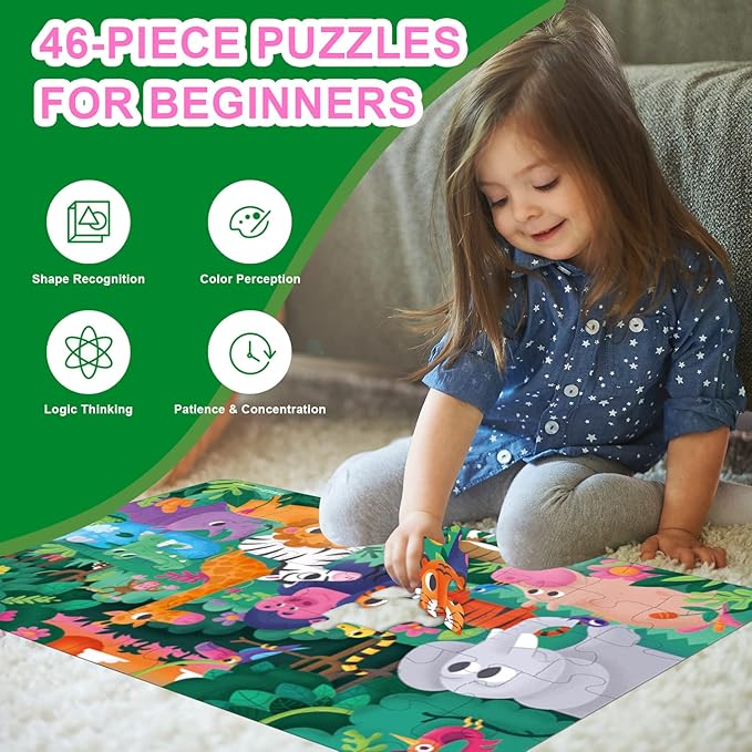 TAOZI&LIZHI Puzzles for Kids Ages 4-6, 6-8, Jungle Animals Toddler Puzzle Age 2-4, Jigsaw Floor Puzzles for Kids Ages 3-5, Puzzles Gifts Toys for Boys Girls Children (46 pcs, 2 x 3 feet)