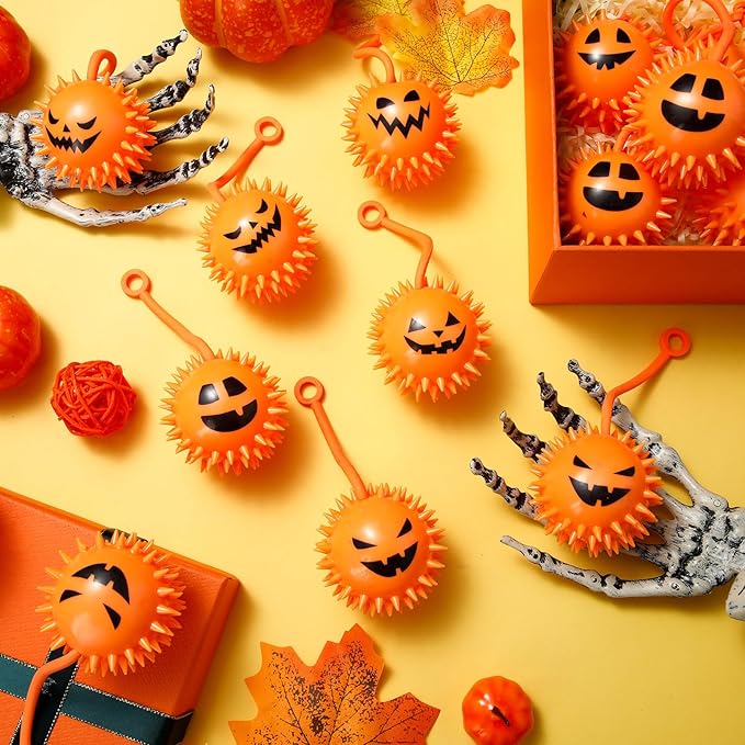 Sotiff 60 Pcs LED Halloween Pumpkin Stress Bouncy Light up Balls Spiky Squeaky Rubber Sensory Ball for Halloween Holiday Decors Gift Bag Stuffers Party Favor Fillers