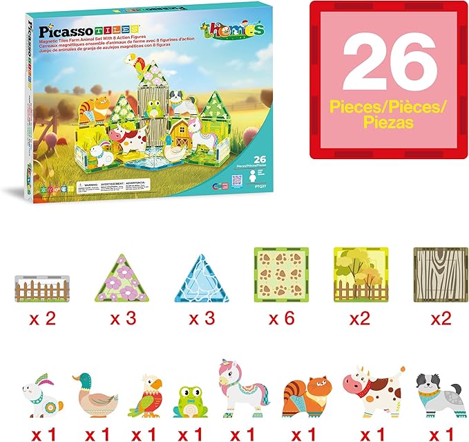 PicassoTiles 26pcs Magnetic Tiles Magnet Tile Building Blocks Printed Fall Farm Themed Animal Toy Set with 8 Farmyard Animals Character Action Figures STEM Learning Playset for Kids, Ages 3+ PTQ27