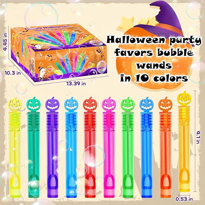 300 Piece Halloween Party Favor Bubbles, Halloween Bubble Wands Bulk for Kids Party Favor Supplies, Trick or Treat Goodie Bags, School Classroom Game Rewards, Halloween Miniatures
