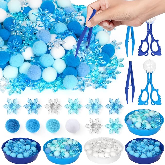 209 Pcs Winter Sensory Bin Items Winter Acrylic Snowflake Counting Sorting Sensory Bin Filler Fine Motor Toys Blue Snowflake Counts Xmas Counting Toys for Preschool Education Activities