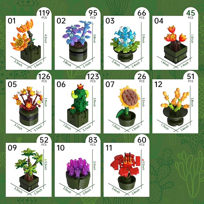 NUTCRACKER 12Pcs/Set Succulent Flower Building Set, Flower Bonsai Botanical Collection Toy Building Kit, DIY Mini Flower Model Home Decor, Easter Birthday Gift for Adult Women Girls (987 Pieces)
