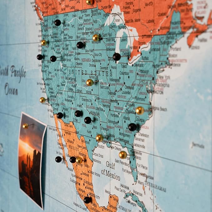 Canvas World Map with Cork Pin Board - English Lettering - Decorative Wall Decoration for All Rooms - Canvas Pictures with World Map Motif (90x60 cm, Pattern 21)