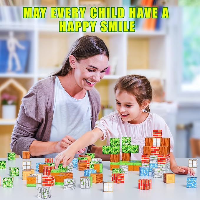 Magnetic Blocks-Build Mine Magnet World Edition, Magnetic Toys for Boys & Girls Age, STEM Montessori Sensory Toys for Toddlers-48pcs