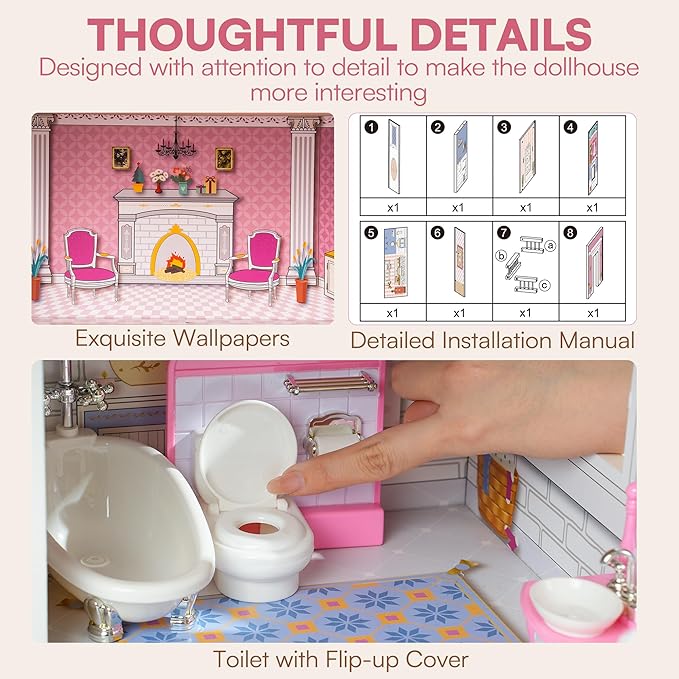 ROBUD Wooden Dollhouse Playset, 3 Stories, 5 Rooms, 24 PCS Furniture, Pretend Play Toys Gift for Kids Toddlers Girls