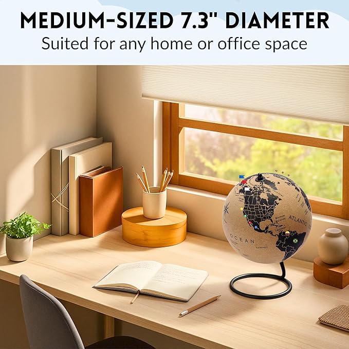 Medium Cork Globe 9.4" Tall | World Travel Map with Metallic, Colored & National Flags Push Pins | 3D World Map Pin Board for Home or Office | Unique Gift for Travelers, Couples & Families | Push Pin Map