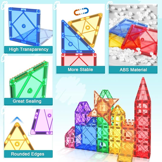 Soyee Magnetic Tiles with 2 Cars Kids Gifts Boys Toys for 3 Year Old Boys Educational Toys for Toddlers Kids Age 3-5 4-8 Car Train Building Toys