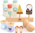 12-Piece Wooden Dairy & Ice Cream Play Food Set – Pretend Fridge Food Accessories w/ Milk Bottles Yogurt Cups Eggs Pastel Popsicles & Holder – Montessori Kitchen Toy for Kids Ages 3+