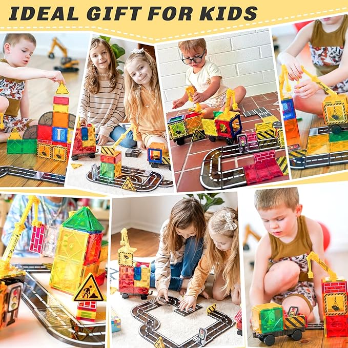 Kids Games Magnetic Tiles Road Set with Extendable Magnetic Crane, City Construction Building Toys for Toddlers STEM Preschool Ages 4-6 5-7, Gifts for 3+ Year Old Boys Girls Kids Toys with Car