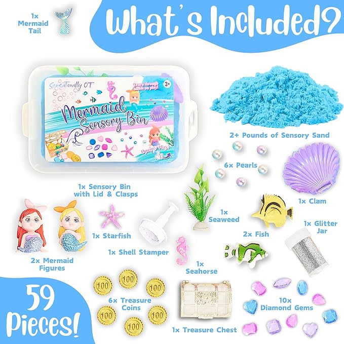 Premium 38 PCS Mermaid Sensory Sand Bin with 2 lb Magic Sand,Seashell Stamp, Sensory Bin & Treasure Accessories – Perfect for Creative Play and Learning, Ideal Gift