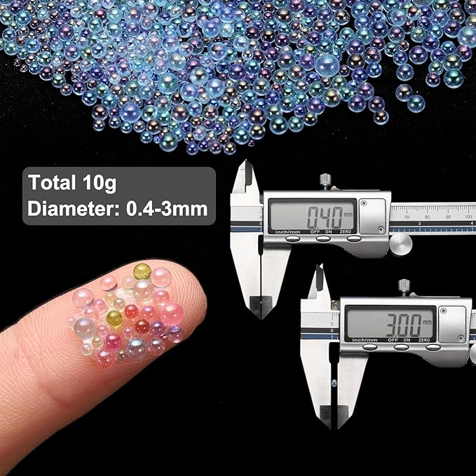 Iridescent Glass Tiny Bubble Beads, 0.4-3mm 10g No Hole Micro Mini Round Sky Blue Water Droplets Beads - Applications: for Resin Filler, Nail Art, Dollhouse Bath Tub