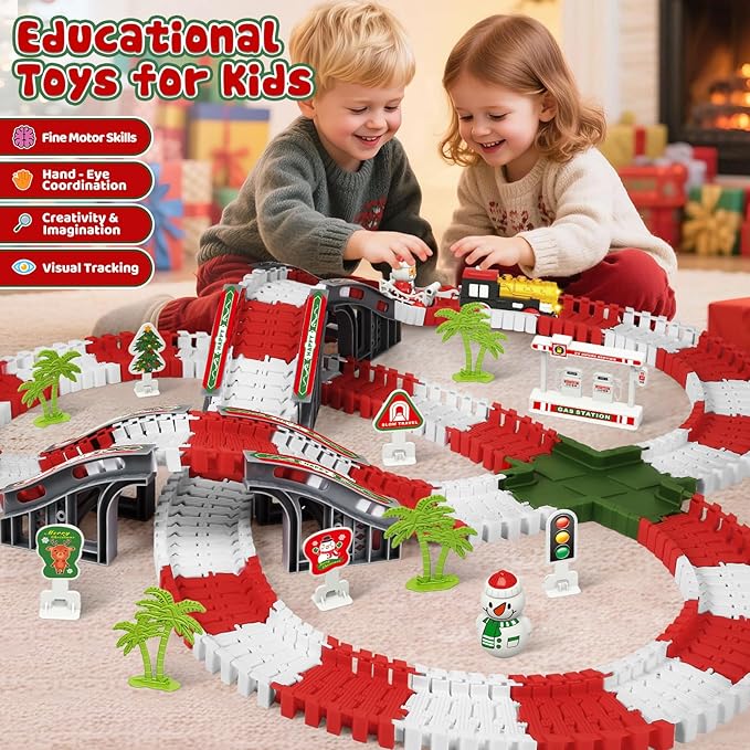 MOONTOY Track Car Toys for Kids, 233 PCS Construction Race Tracks Christmas Train Set, Assembled Light Up Railway Track Toddler Toys, Christmas Birthday Gifts for Boys and Girls Age 3 4 5 6 Year Old