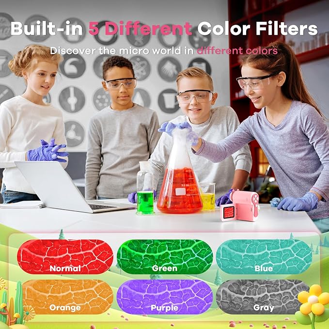HP60 IPS Microscope for Kids: [Auto On & Off] [3-in-1] 2" Portable Handheld Microscope Miniscope, Pocket Mini Scope Educational Science Kit, Christmas Birthday Gifts for Kids, PC View, Pink
