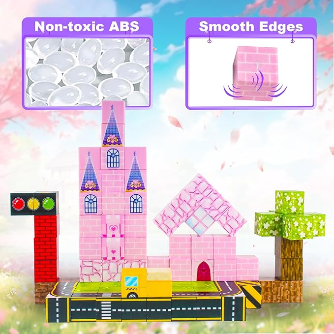 Magnetic Blocks 96 PCS Magnet World Princess Pink Castle World,Toys for 3+ Years Old Girls Boys, Montessori Sensory STEM Preschool Outdoor Toddler Toys, Christmas Birthday Gifts for Kids