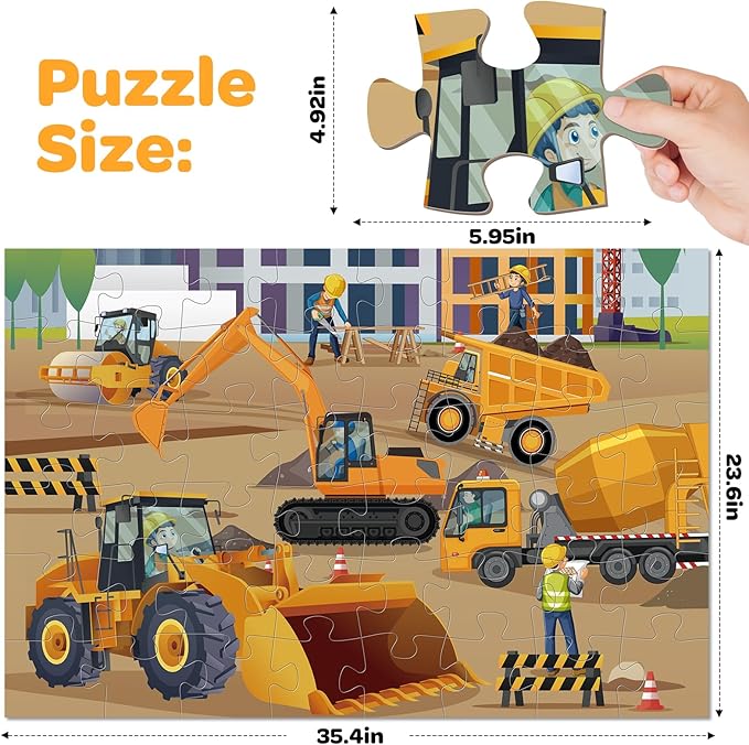 Jumbo Floor Puzzle for Kids Ages 4-6, 48 Piece Large Engineering Vehicles Jigsaw Puzzle, Extra-Thick Cardboard Preschool Learning Toys for Toddlers 3-5, Educational Gift for Boys Girls 3 4 5 6 7 8
