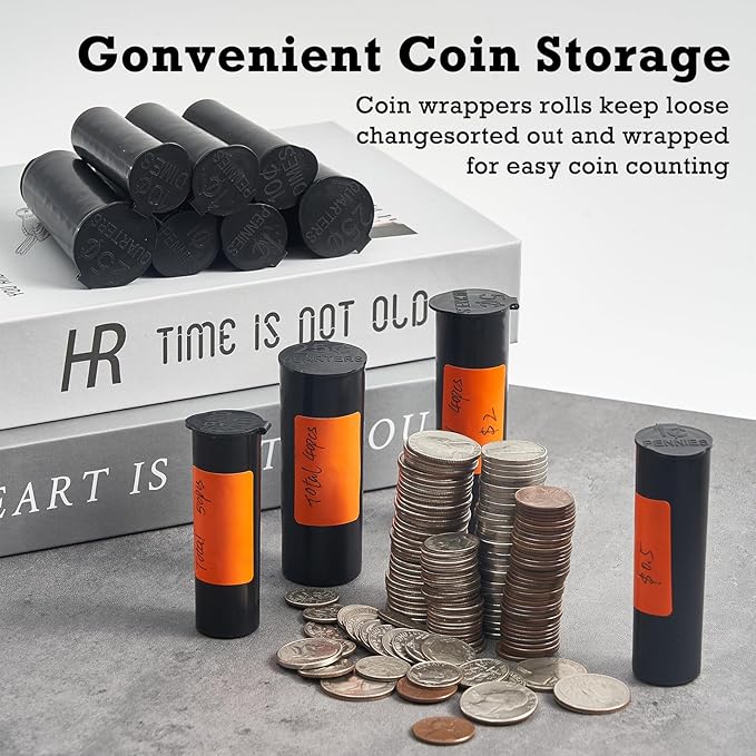 Coin Storage Tubes Set, 50 Capacity, Pennies, Black，a box 25pcs