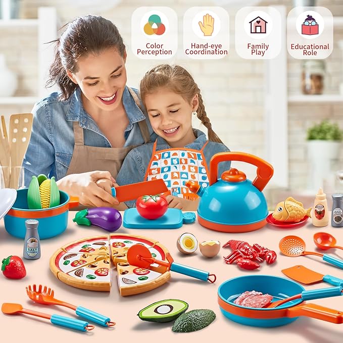 Play Kitchen Accessories - 46Pc Kids Kitchen Playset with Kids Pots and Pans Playset, Pizza Toy, Play Food with Play Fruit Veggies, Kitchen Toys, Cooking Utensils Toy, Apron, Boys Girls Gift