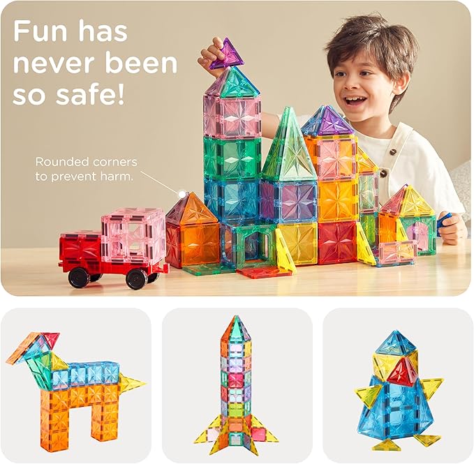 KUB 121 Pcs Magnetic Tiles Creative Toys, 3D Building Magnet Blocks Set, STEM Educational Kids Gifts for Boys Girls Over 3 Years Old, Montessori Preschool Learning