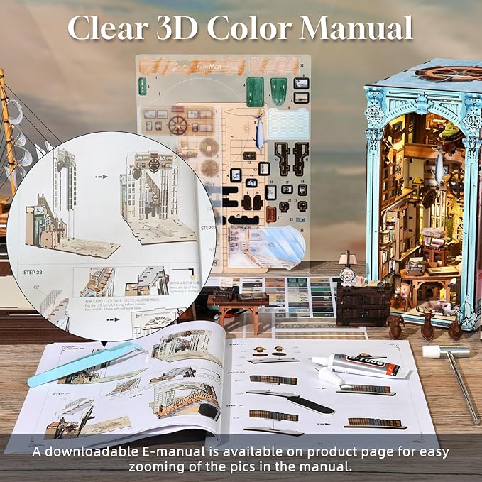 𝗠𝗶𝗻𝗶𝗖𝗶𝘁𝘆 Book Nook Kit, DIY Miniature Dollhouse Booknook Bookshelf Insert Decor, 3D Wooden Puzzles with LED Light for Teens and Adults(Hemingway House)
