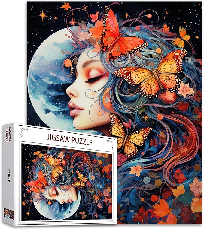 Tucocoo Beautifu Girl Portrait Jigsaw Puzzles for Adults 1000 Pieces, Butterfly Woman Moonnight Art Jigsaw Puzzle Colorful DIY Puzzles for Home Decoration Gifts, Family Puzzle Perfect for Game Nights