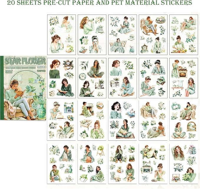 Auguro Scrapbooking Stickers 20 Sheets Pre-Cut 120 washi Stickers PET People Sticker Books for journaling Scrapbook Supplies transparent reading Girls Journal Sticker