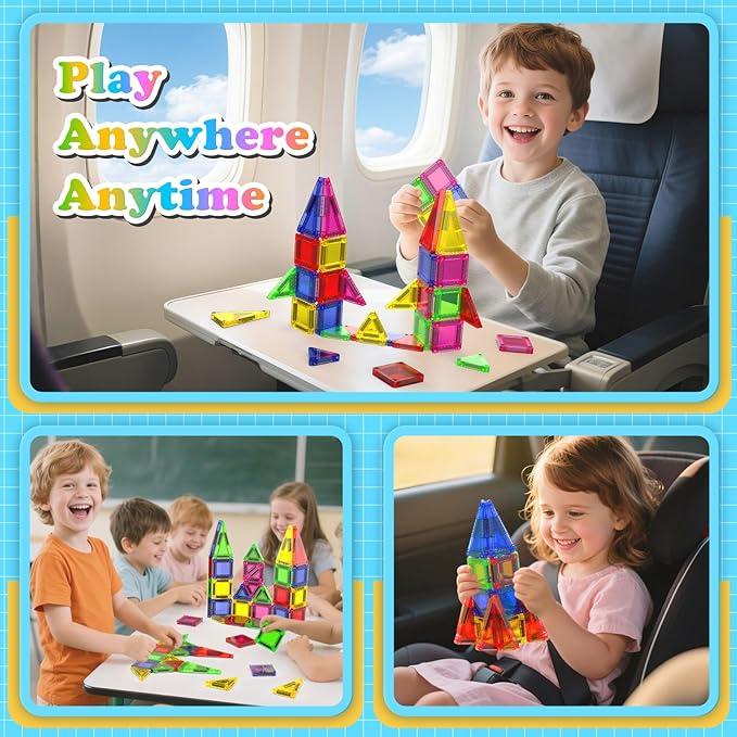 Mini Magnetic Tiles with Iron Box, 40 PCS Travel Magnetic Tiles, STEM Educational Building Set Construction Toys for Kids Ages 3+, Portable Building Toys for Toddlers, Boys & Girls Birthday Gift