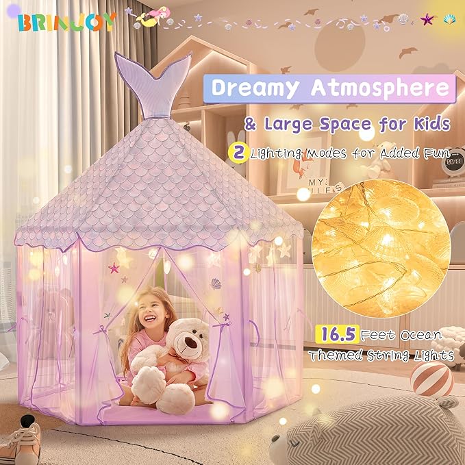 Princess Tent for Girls with Lights, Large Pretend Play Tent Castle w/Carry Bag & Stickers & Detachable Fishtail Top Indoor Outdoor, 67”x55” Ocean-Theme Kids Playhouse Gift for Toddler Age 3+