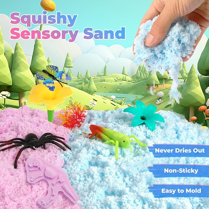 FIIOEOY Flower Garden Sensory Bin, Sensory Play Sand Kit with DIY Flower Garden Building Toys, Bug Figures & Sand Molds, Pretend Play Sandbox Birthday Gift for Girls Boys 3 4 5 Years Old