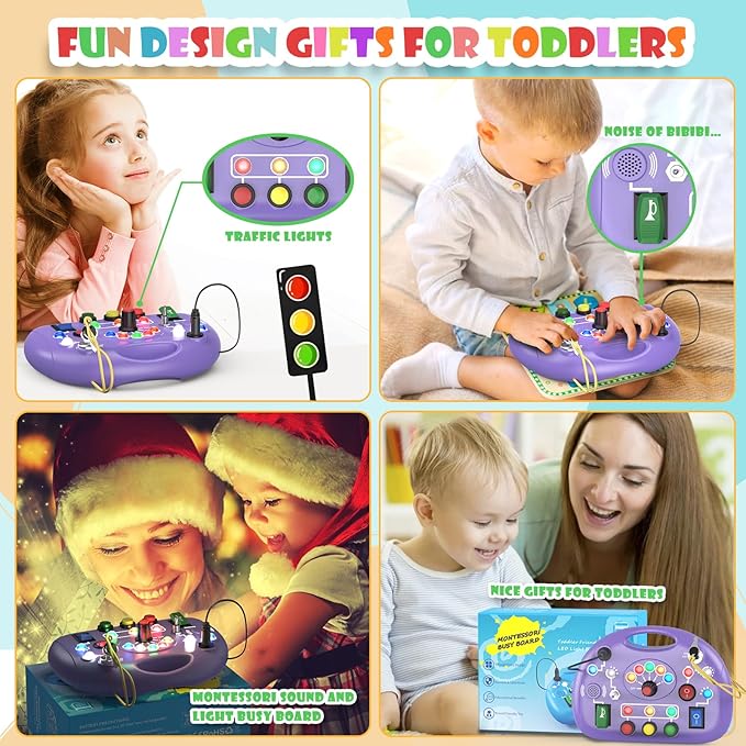 Toddler Baby Busy Board with LED Light, Montessori Busy Board for 1+ Year Old, Baby Sensory Board Toddler Travel Toys for Preschool Learning Activities Boys & Girls Birthday (Purple)
