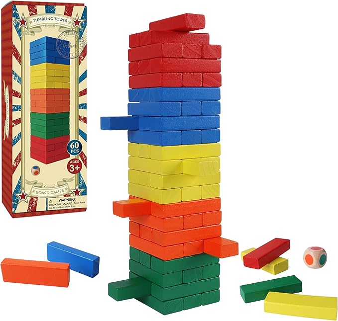 GOTHINK Wooden Blocks Stacking Game with Storage Box, 60PCS Toppling Colorful Tower Building Blocks Balancing Puzzles Montessori Toys Learning Sorting Family Games Educational Toys Gifts for Kids