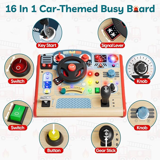 TOP BRIGHT Busy Board with LED Light, Sensory Toys with Sounds & Switches, Montessori Wooden Toys for 3 4 5 Year Old, Car Driving Toy for Toddler Boy, 3 Year Old Girl Boy Gifts for Birthday Christmas