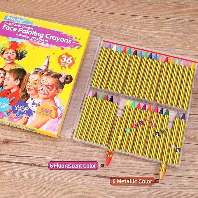 Face Paint Crayons for Kids, 36 Makeup Sticks & 36 Stencils, Professtional Face Painting kit for Halloween or Birthday Party, 6 Fluorescent, 6 Metallic & 24 Classic Colors, Safe for Sensitive Skin