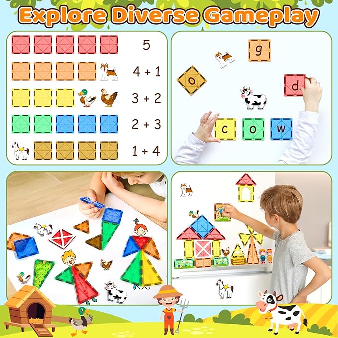 Magnetic Tiles with Farm Animals, Magnetic Blocks Building Toys for 3+ Year Old Toddler, Construction STEM Magnet Toys Gift for Kids, Boys and Girls 3 4 5 6 7 8+ Year Old