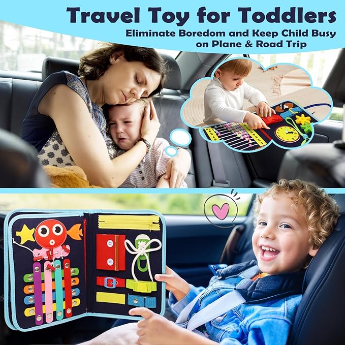 MAJAVI Toddler Busy Board Montessori Educational Learning Sensory Toys for 1 2 3 4 Year Old, Felt Busy Book Christmas Birthday Gifts for Toddlers Travel Toys for Airplane Car, Black