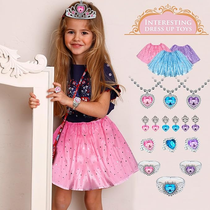 Princess Dress Up for Girls - Toddlers Clothes with Skirts, Shoes, Crown & Play Jewelry, Princess Costume Toys for Girls Age 3,4,5,6 Year Old, Kids Shoes Role Play Gift Idea for Birthday Christmas