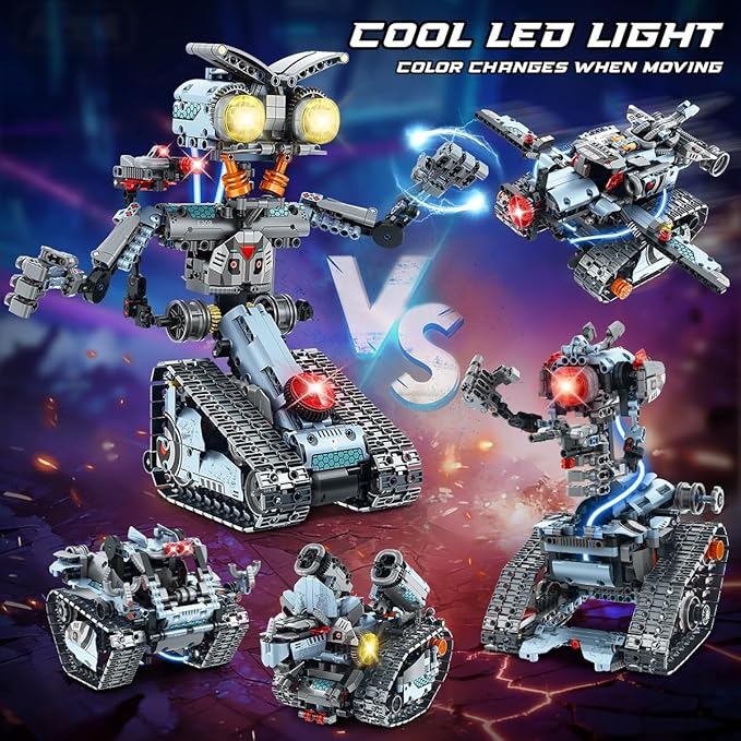 Robot Building Toy with Lights, 5 in 1 Robotic Building Set with APP & Remote Control, RC Tech Tracked Tank Car Fighter Jet Model Kit 795 PCS, Educational Gift for Kids Boys Girls Ages 14+