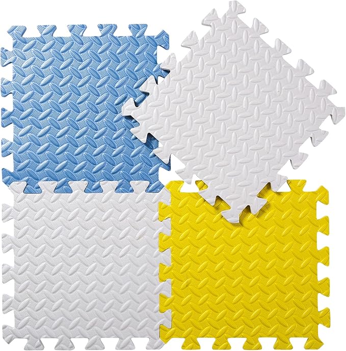 Foam Floor Mats for Kids, 12 x 12 Inch 16 Tiles 0.4" Thickness Foam Play Mat, Non-Toxic Square Interlocking Floor Mats Rubber Baby Play Mat for Toddlers(White/Yellow/Gray Blue)