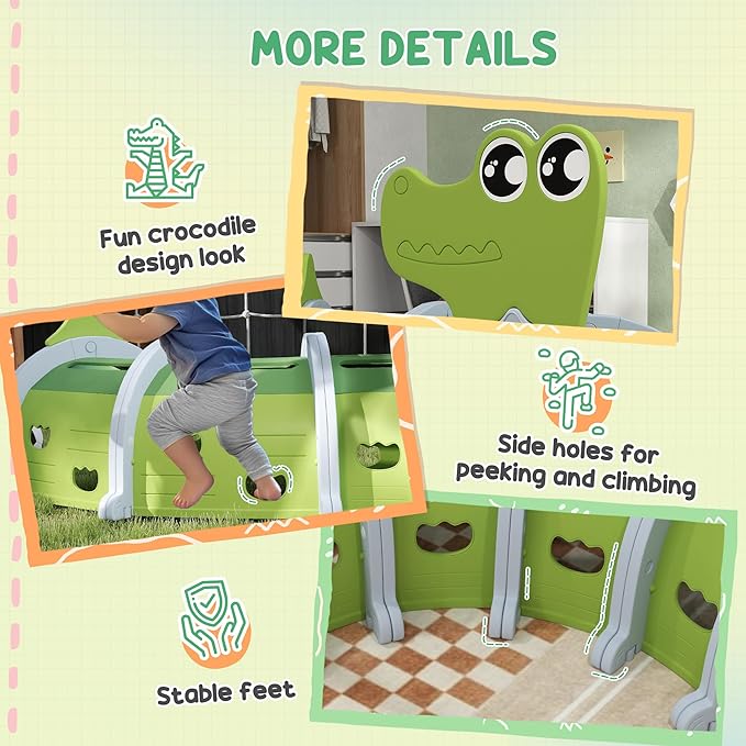 Qaba Crocodile Tunnel, Toddler Tunnel for Kids Crawl and Climb Through, Kids' Play Structure Indoor Outdoor, 4 Sections, Green