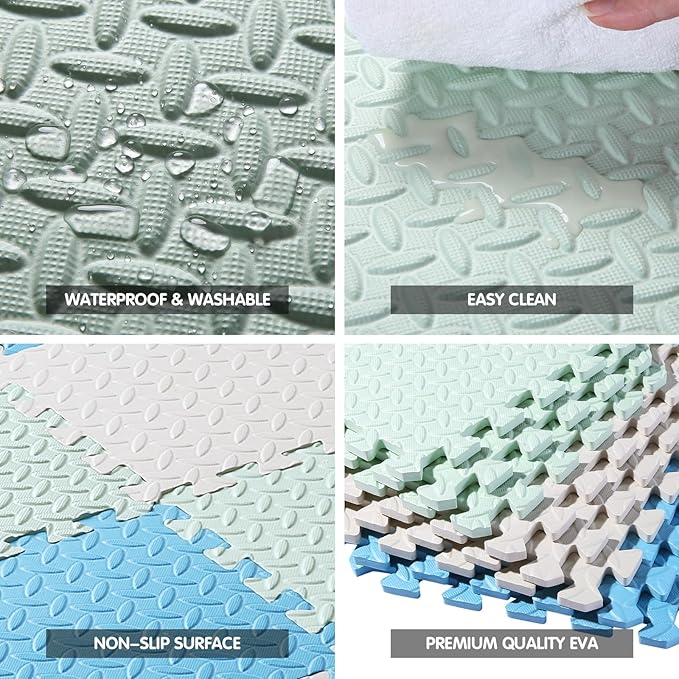 Foam Play Mat for Baby, EVA Soft Non-Toxic Playmat, Interlocking Floor Mats, Solid Colored Foam Puzzled Floor Mats, Baby Play Mat Exercise Mats, 16 Tiles(White/Green/Light Blue)