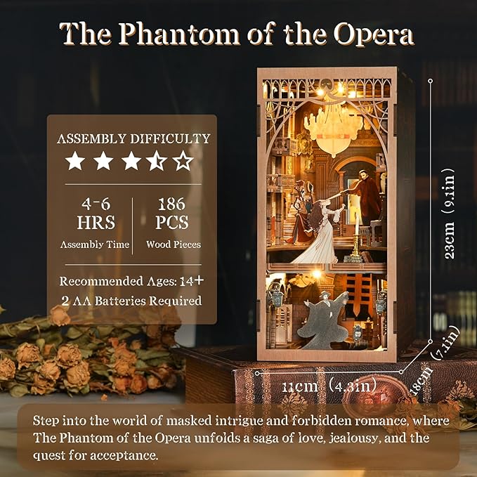 DIY Book Nook Kit, Miniature Dollhouse Booknook Kit, 3D Wooden Puzzle Bookend Bookshelf Insert Decor with LED Light for Teens and Adults (Phantom of The Opera)
