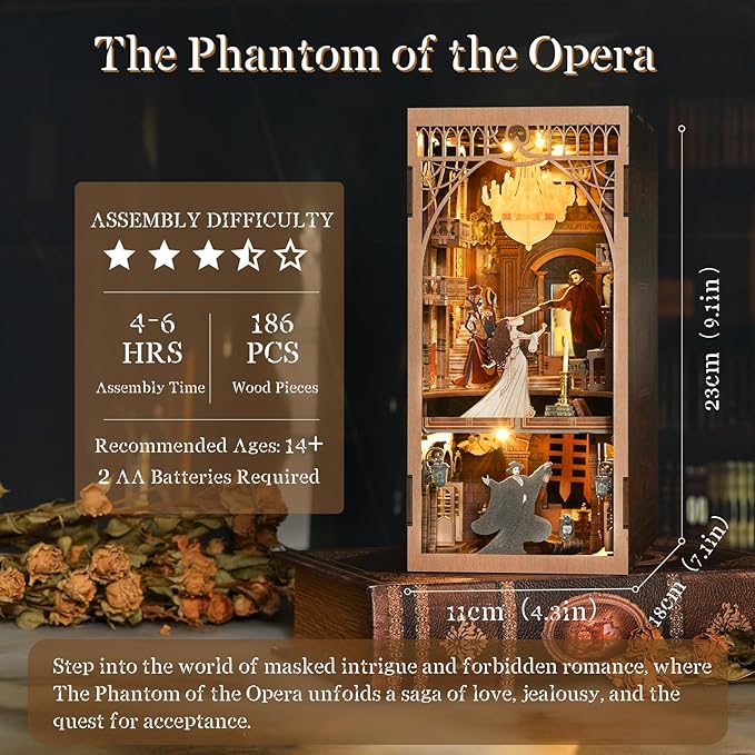 Book Nook Kit, DIY Miniature Dollhouse Booknook Kit, 3D Wooden Puzzle Bookend Bookshelf Insert with LED Light for Teens and Adults (Phantom of The Opera)