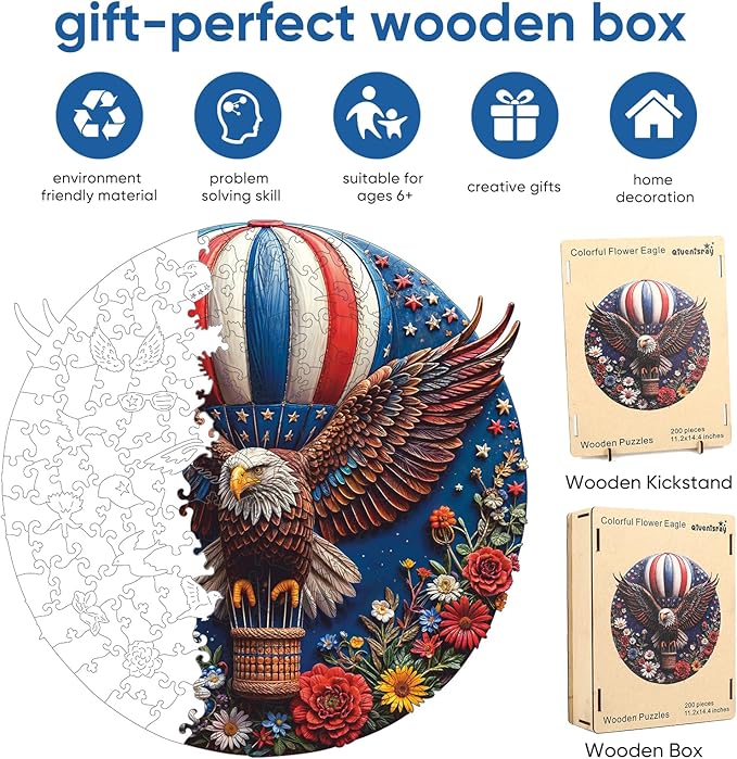Wooden Puzzles, Flower Eagle Jigsaw Puzzles 200 Piece, Medium, Unique Shape Animal Adult Puzzles, Irregular Best Gift for Adults and Kids Family Game (10.6x10.6 in)