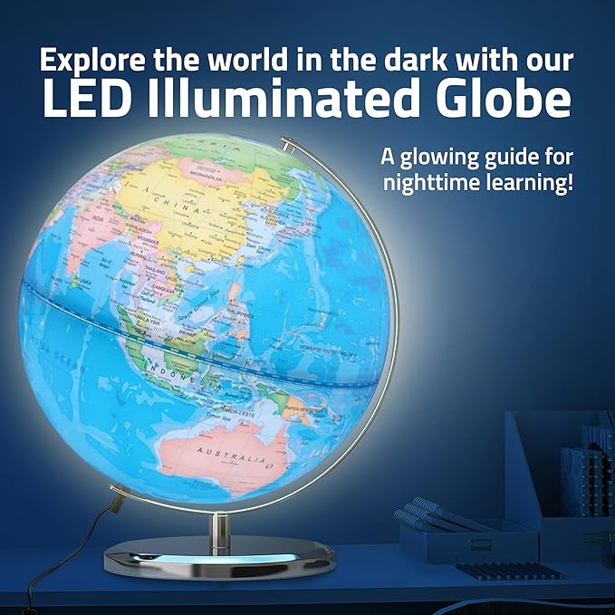 LED Illuminated World Globe with Chrome Rotating Stand – 3-in-1 Educational Tool for Kids & Adults, Interactive Learning Globe with Constellation Map, Lighted Display, 11 Inch
