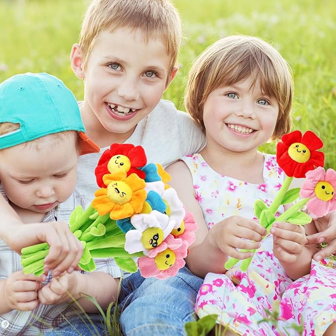 18 Pcs Plush Smile Flower Stuffed Bendable Stems Plush Bouquet Toy Soft Floral 12.6 Inch for Graduation 2025 Mother's Day Valentines Day Girl Girlfriend Wife Family and Friends(Elegant Style)
