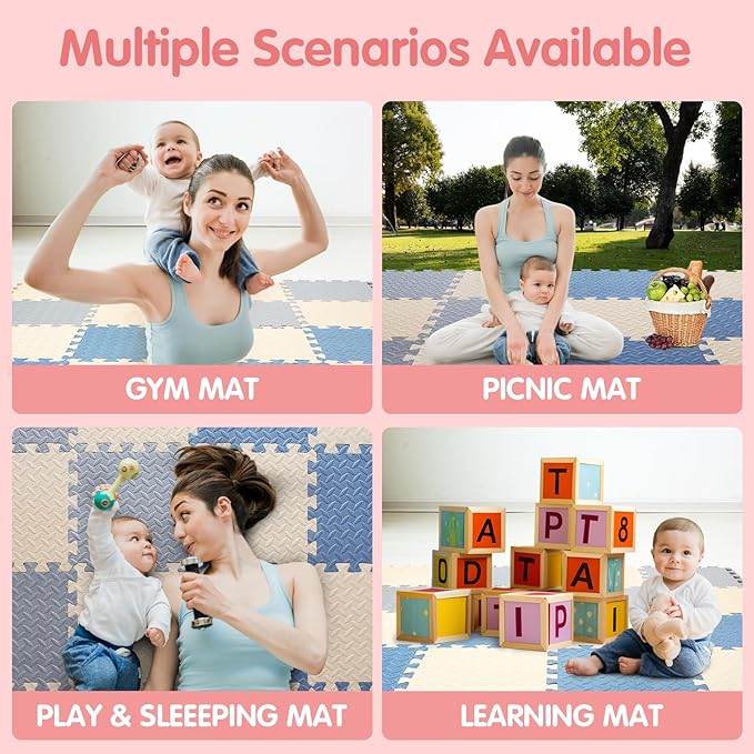 Play Mat for Babies, Solid Colored Foam Floor Mat, Non-Toxic Interlocking Puzzle Floor Mats, 0.4" Thick Square Kids Playmat丨47x47 Play Mat for Playpen (Beige/Gray/Gray Blue)