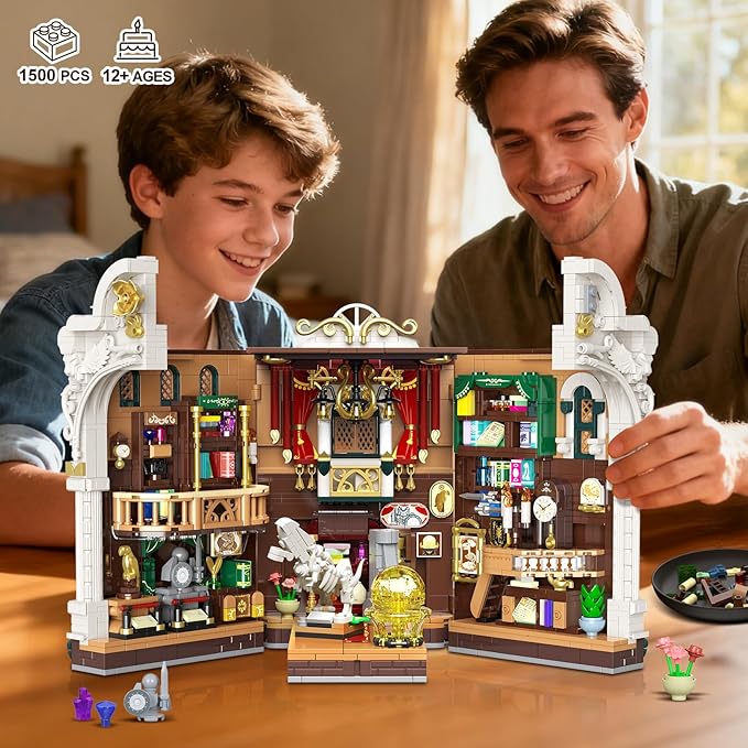 Dinosaur Museum Book Nook Building Set with Lights, DIY Booknook Building Block Toy for Bookshelf Home Decor, 1500 PCS Miniature House Model Building Brick Kit for Adults Teens Boys Girls 12+