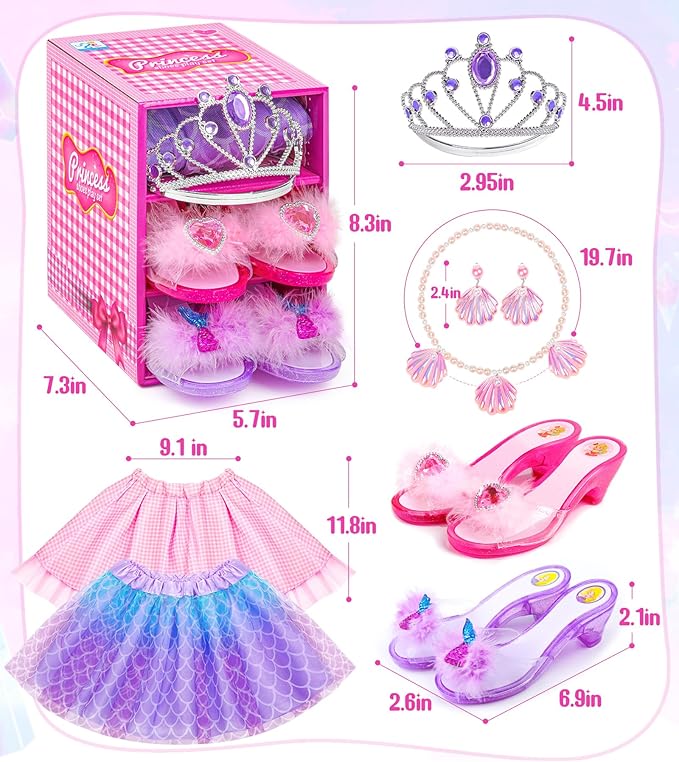 Princess Dress Up Shoes Set, Girls Dress Up Toys, Jewelry Boutique Necklace Earrings Crown, Princess Dresses Role Pretend Play Gifts Princess Toys for Girls Aged 3 4 5 6 Years Old