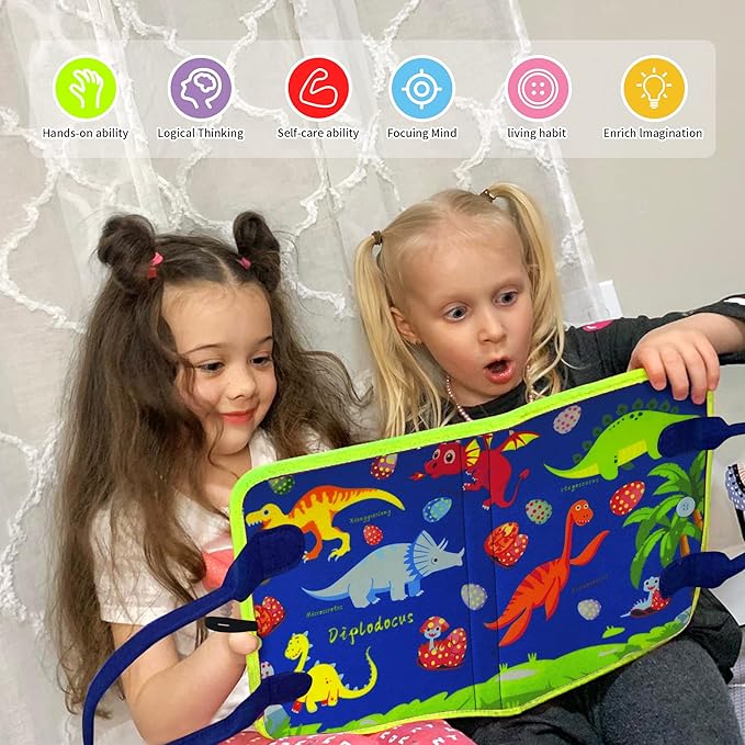 Dinosaur Montessori Learning Toy for Toddlers Ages 3-5 Years, Busy Sensory Board with Educational Activities, Travel-Friendly Developmental Skills Toy