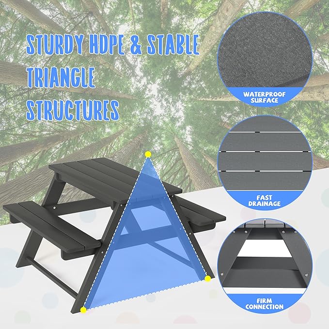 Costaelm Kids Picnic Table, HDPE All Weather Outdoor Toddler Picnic Table and Chair Set Kids Bench for Patio, Backyard, Garden, Lawn, Gray