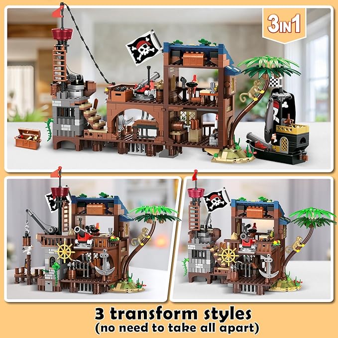 3 Style Pirate Ship Wharf Building Set with LED Light - 781PCS Medieval Pirate's House Building Block Toy, Architecture Bricks Kit for Kids Girls Boys Ages 6-12+ Birthday Gifts